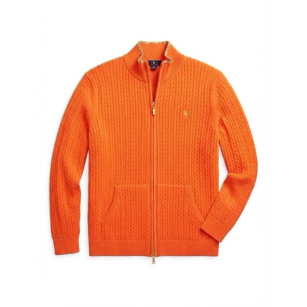 Ralph Lauren Orange Full Zip Cable Knit Sweater Size Large Cotton Quiet Luxury